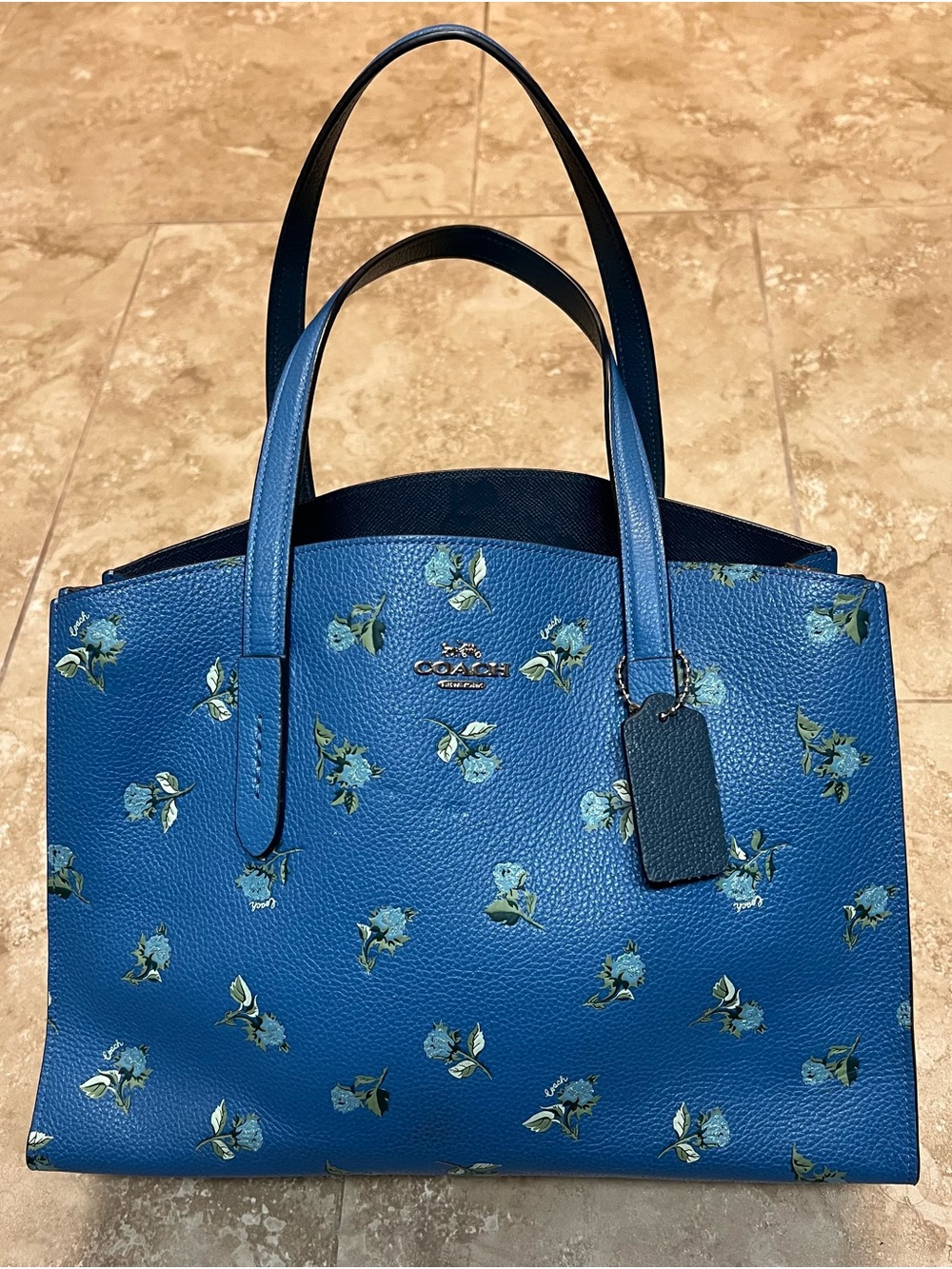 Coach Blue Floral Pebbled Leather Tote